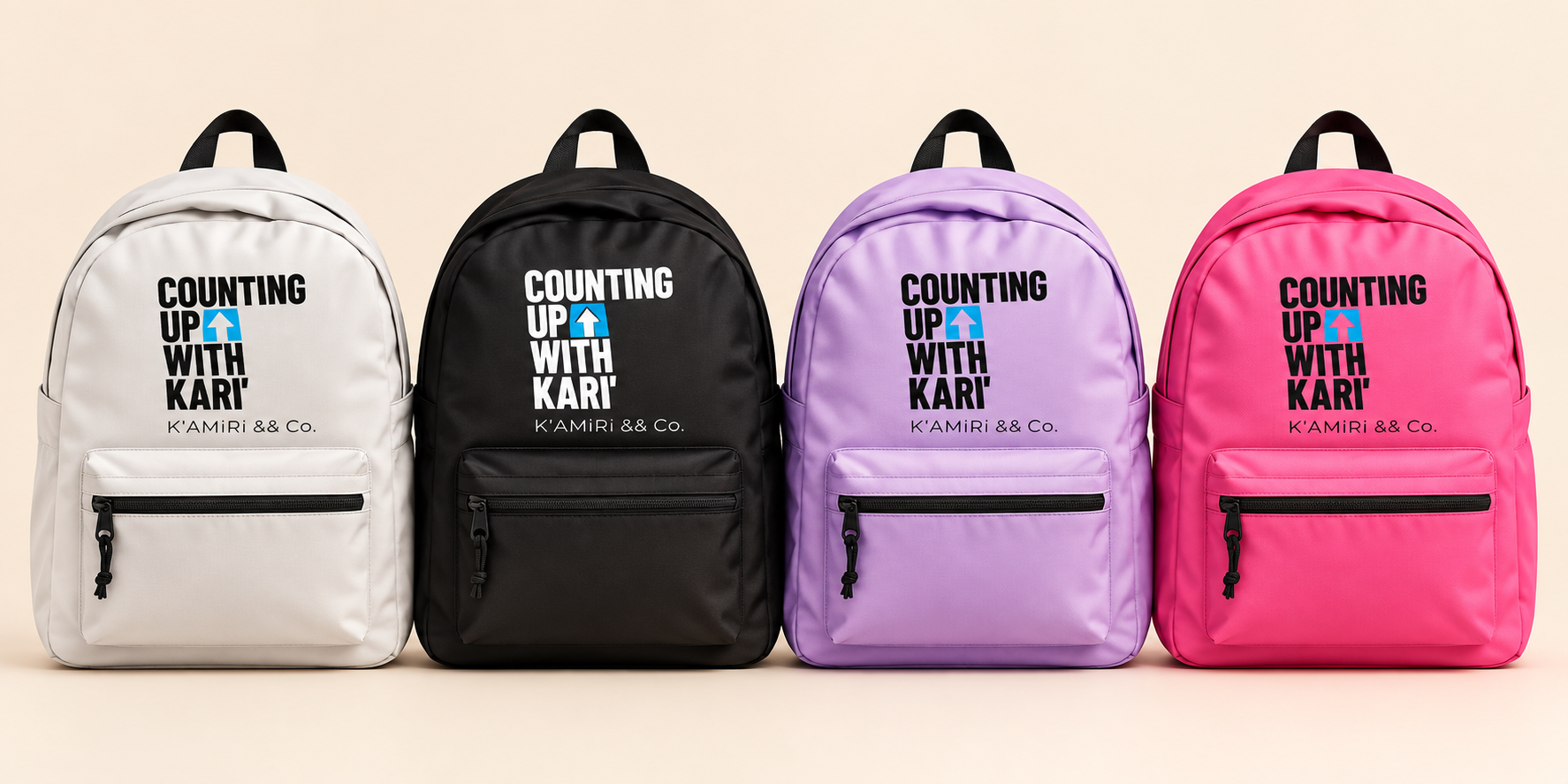 White, black, lavender and pink Counting Up With Kari backpacks